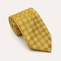 A rolled George Neale gold and light blue plaid silk tie.