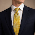 Gold and Light Blue Plaid Silk Tie by George Neale, worn by a model with a suit and shirt