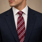 Maroon and Light Blue Plaid Silk Tie by George Neale, worn by a model with a suit and shirt