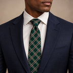 Green and Red Plaid Silk Tie by George Neale, worn by a model with a suit and shirt