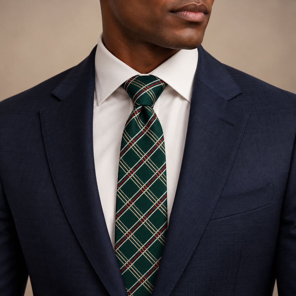 Green and Red Plaid Silk Tie by George Neale, worn by a model with a suit and shirt