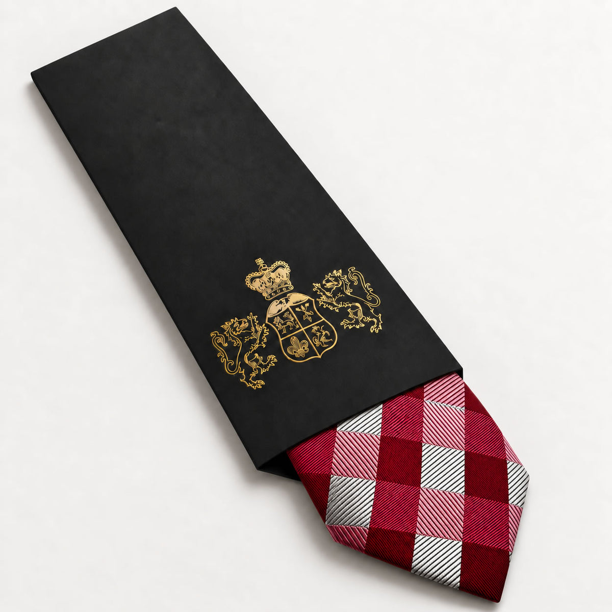 Red and Silver Plaid Silk Tie in George Neale premium packaging