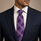 Purple and Lavender Plaid Silk Tie by George Neale, worn by a model with a suit and shirt