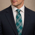 Dark Aquamarine and Silver Plaid Silk Tie by George Neale, worn by a model with a suit and shirt