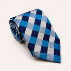 A rolled George Neale blue and silver plaid silk tie.