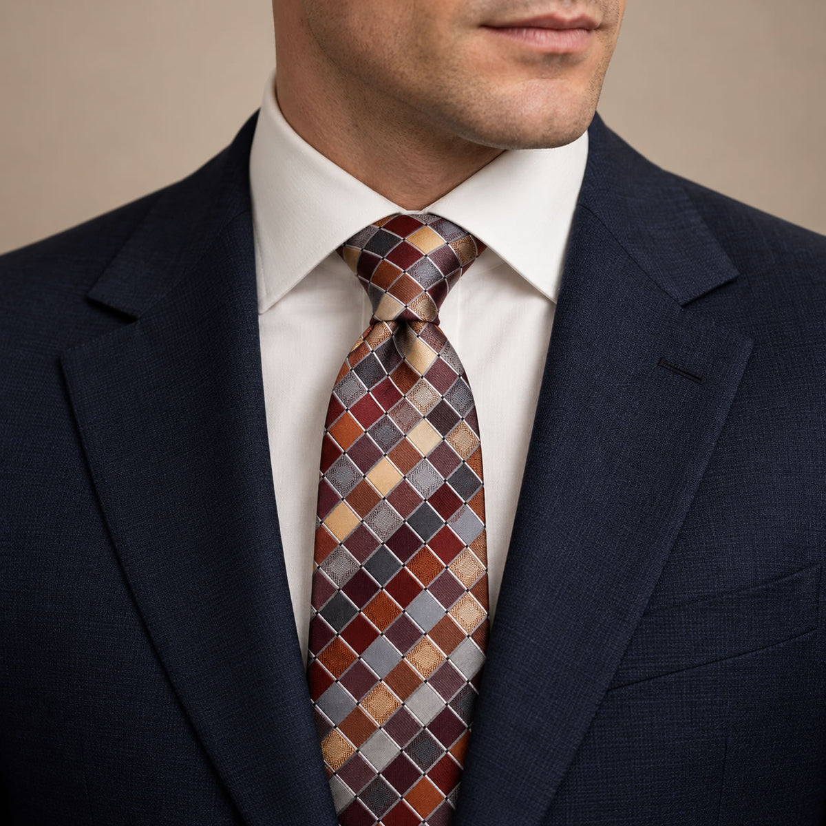 Maroon and Burgundy Plaid Silk Tie by George Neale, worn by a model with a suit and shirt