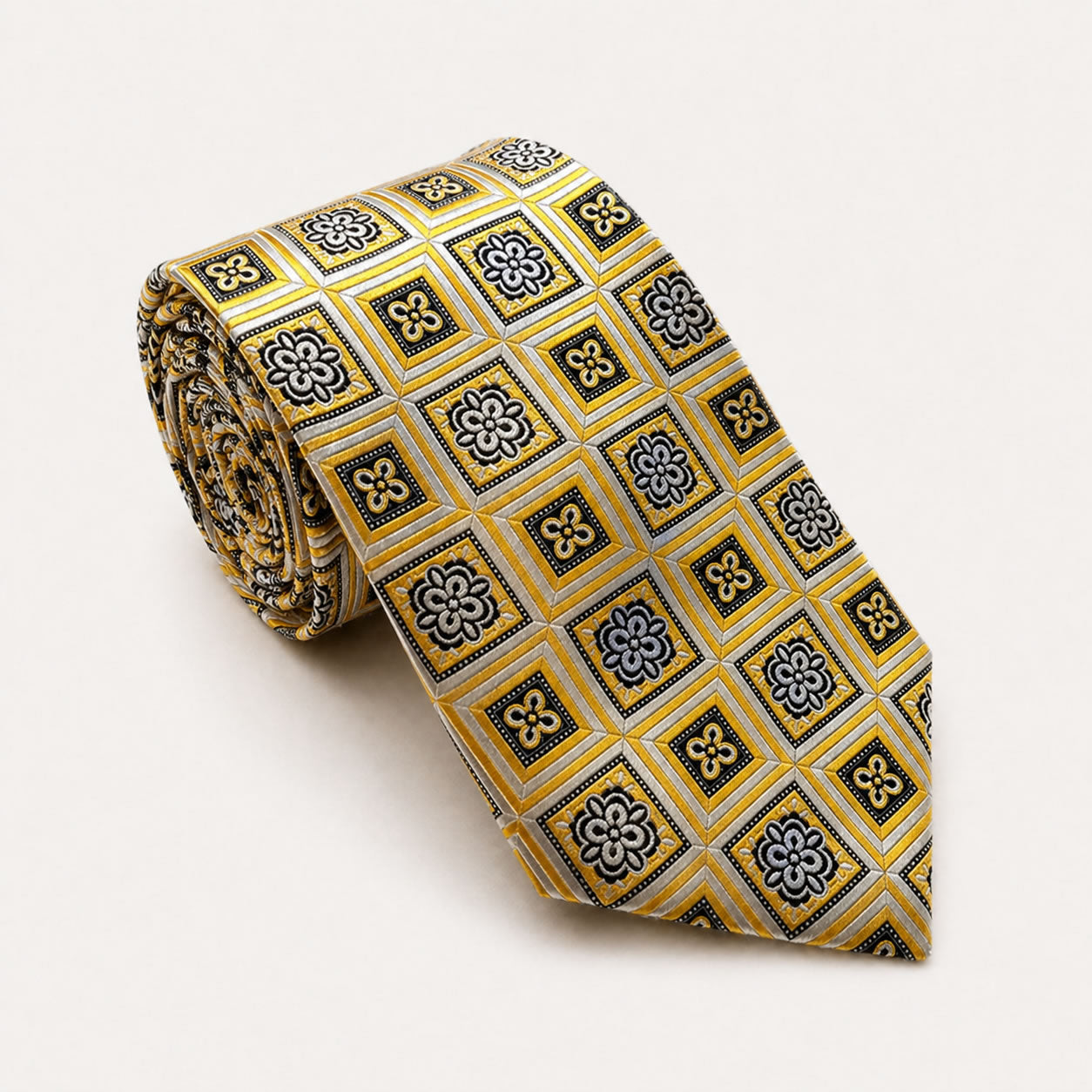 A rolled George Neale gold and black plaid silk tie.