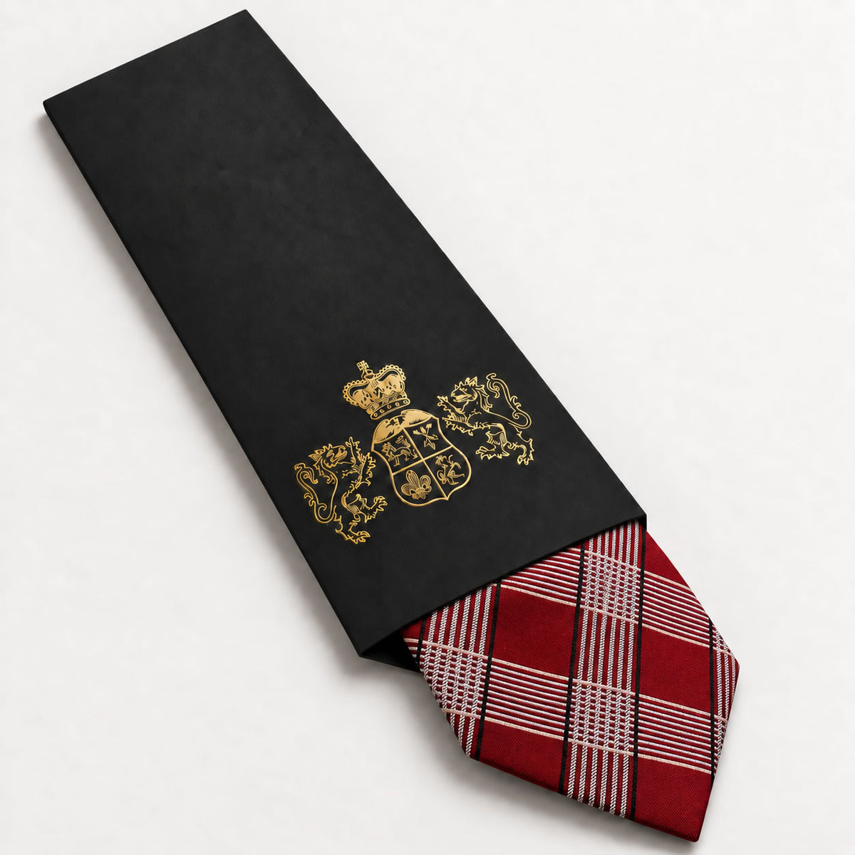 Red and Silver Plaid Silk Tie in George Neale premium packaging