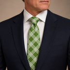 Olive Green and White Plaid Silk Tie by George Neale, worn by a model with a suit and shirt
