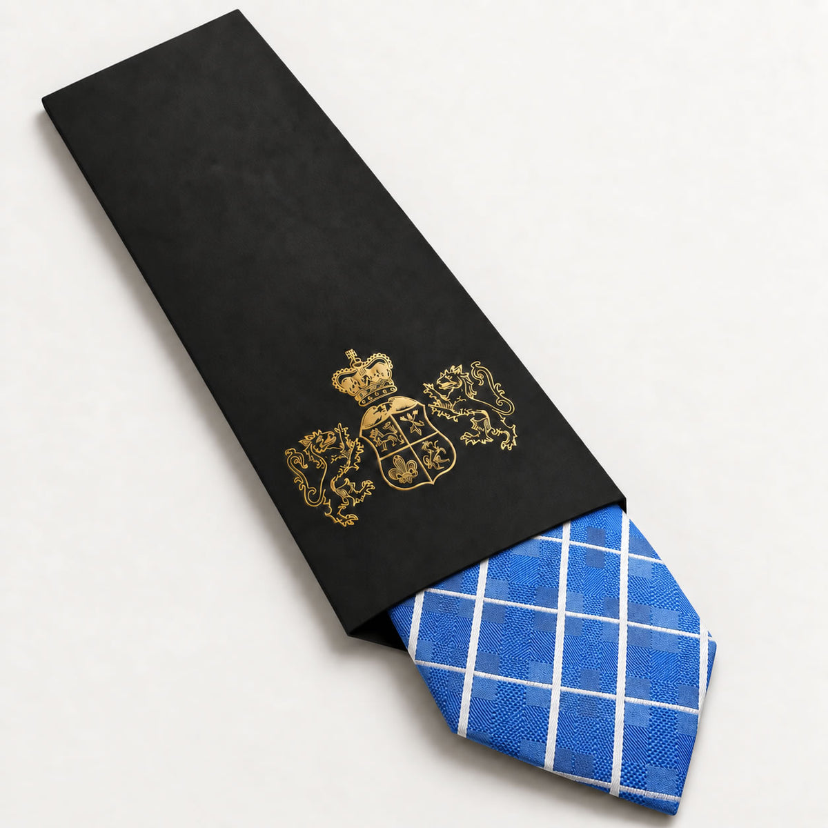 Blue and White Plaid Silk Tie in George Neale premium packaging
