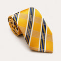 A rolled George Neale gold and navy blue plaid silk tie.