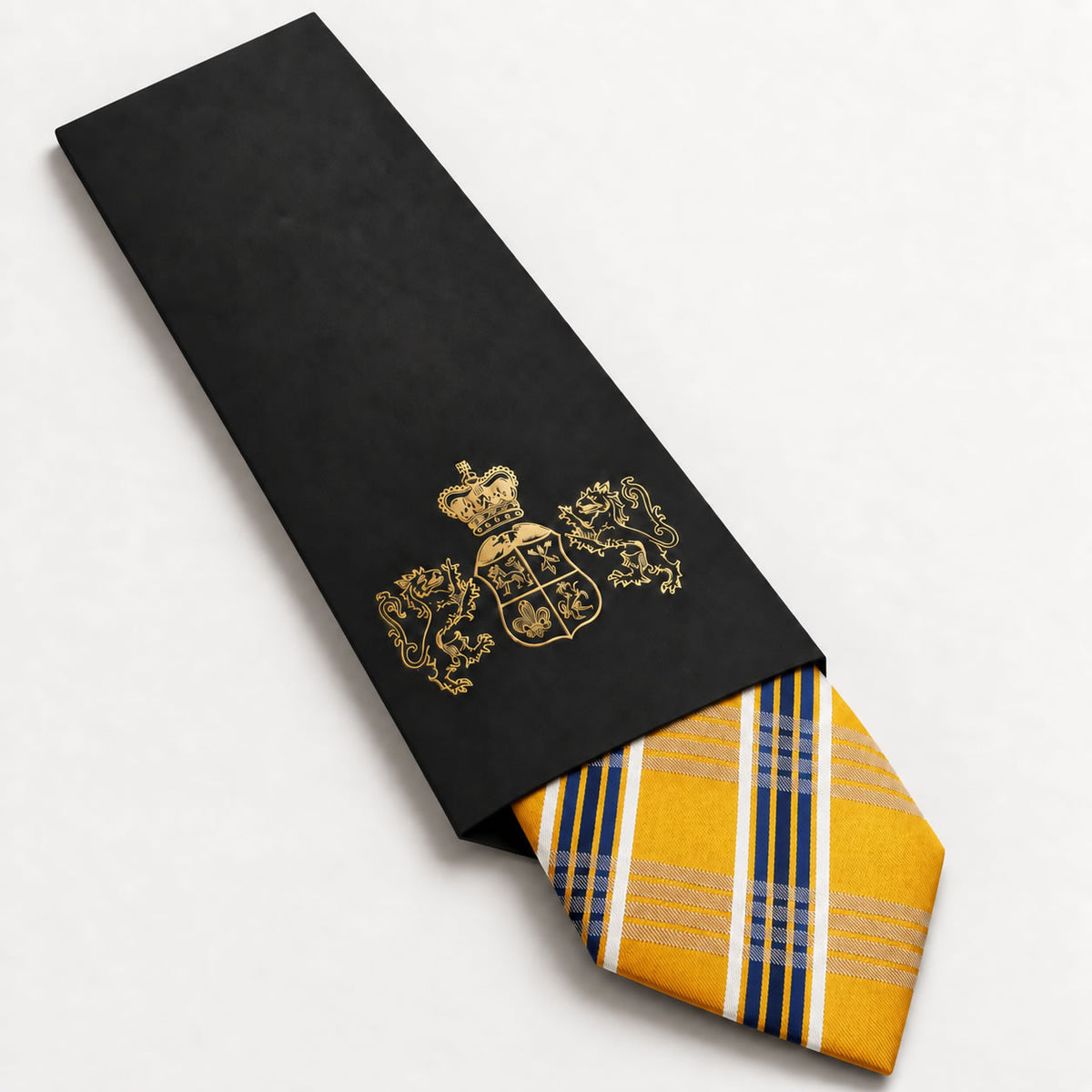 Gold and Navy Blue Plaid Silk Tie in George Neale premium packaging