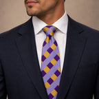 Purple and Gold Plaid Silk Tie by George Neale, worn by a model with a suit and shirt