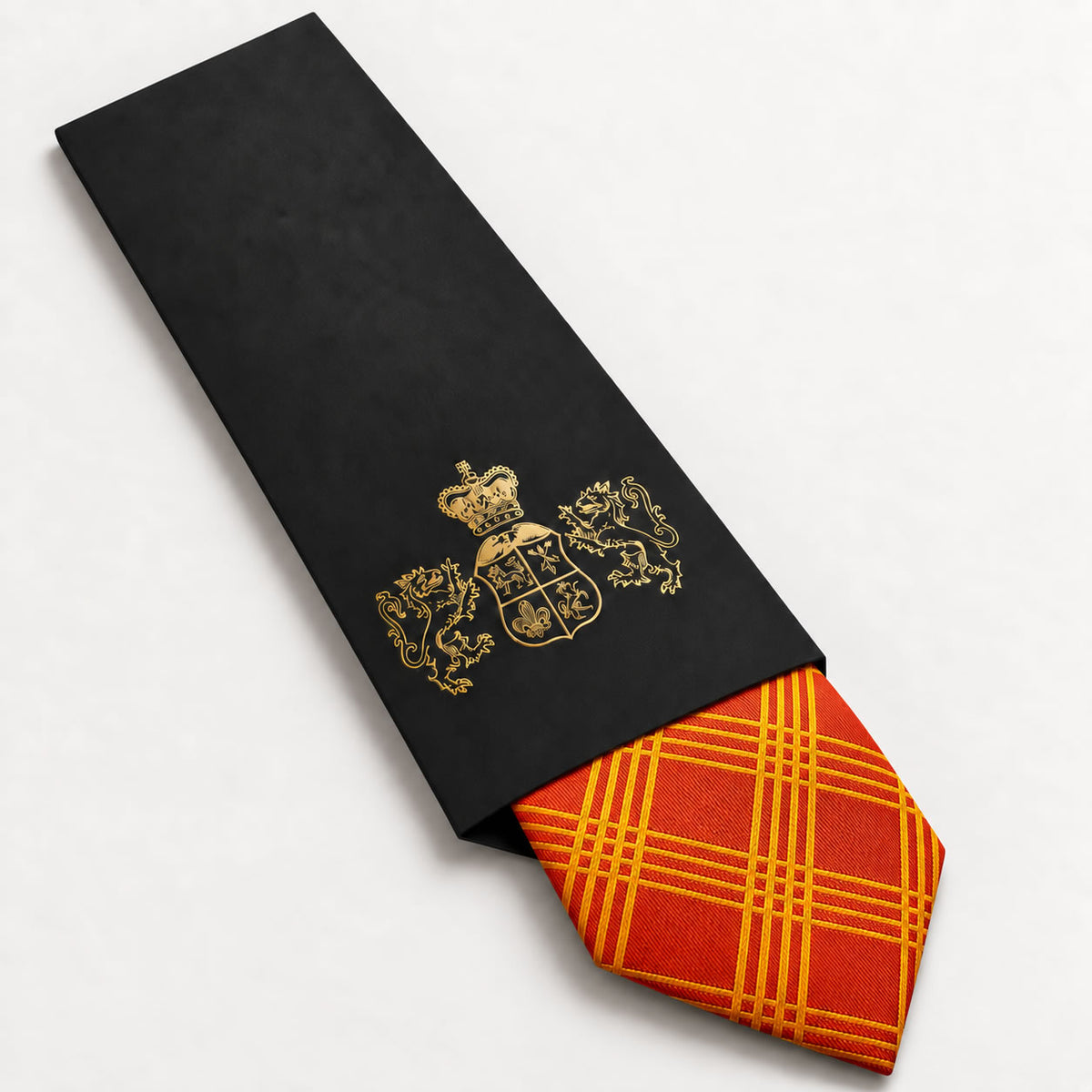 Orange and Gold Plaid Silk Tie in George Neale premium packaging