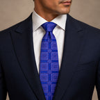 Mauve Plaid Silk Tie by George Neale, worn by a model with a suit and shirt