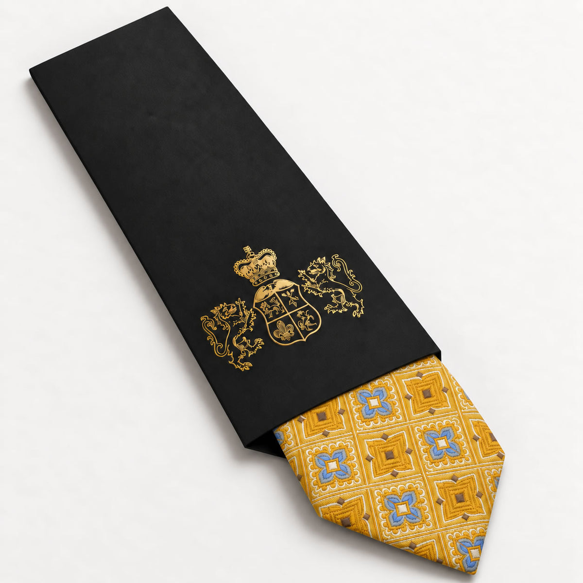 Gold and Blue Plaid Silk Tie in George Neale premium packaging