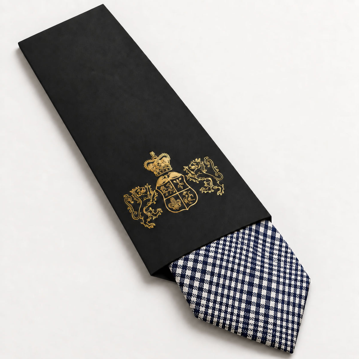Navy Blue and White Plaid Silk Tie in George Neale premium packaging