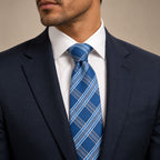 Blue and Silver Plaid Silk Tie by George Neale, worn by a model with a suit and shirt