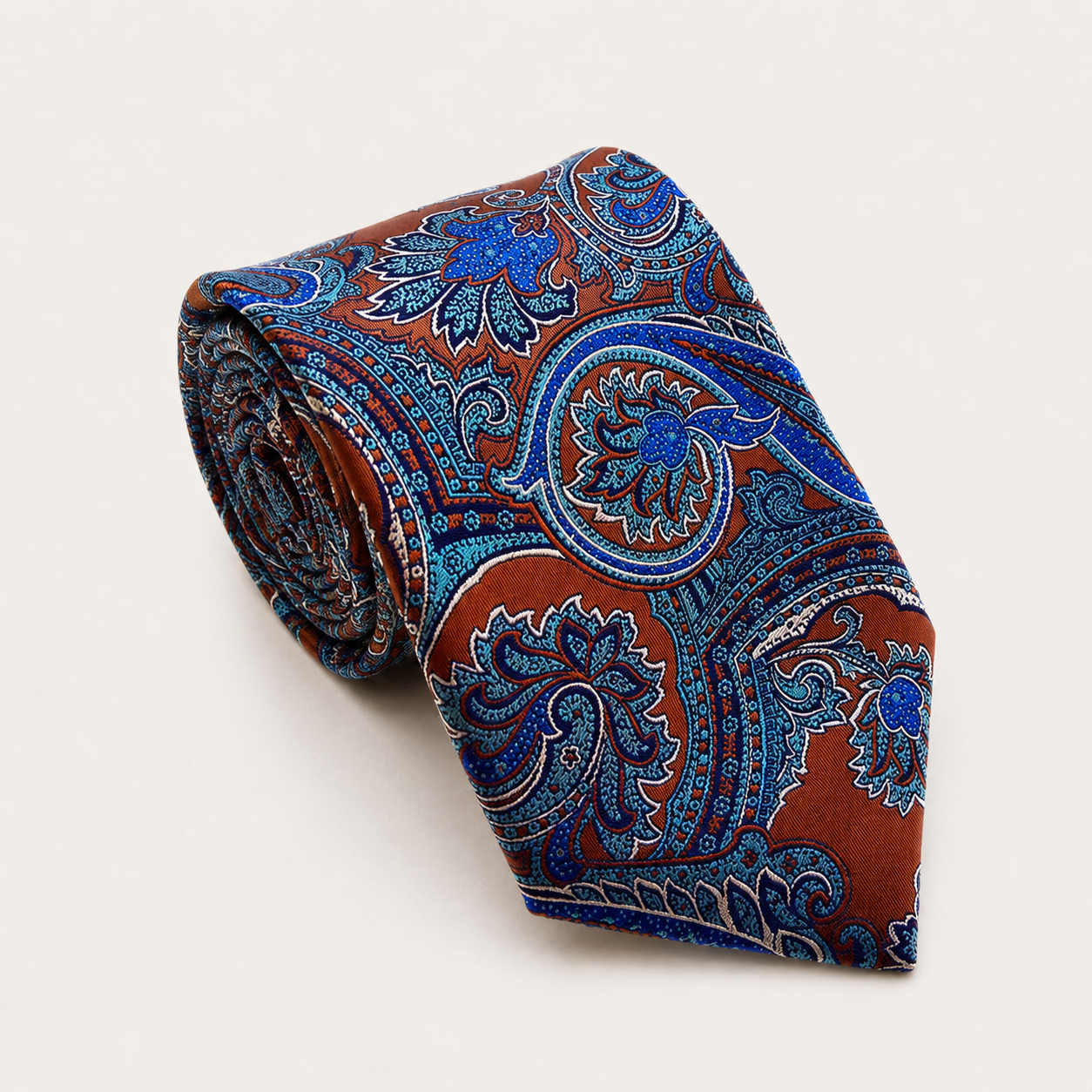A rolled George Neale brown and blue floral silk tie.