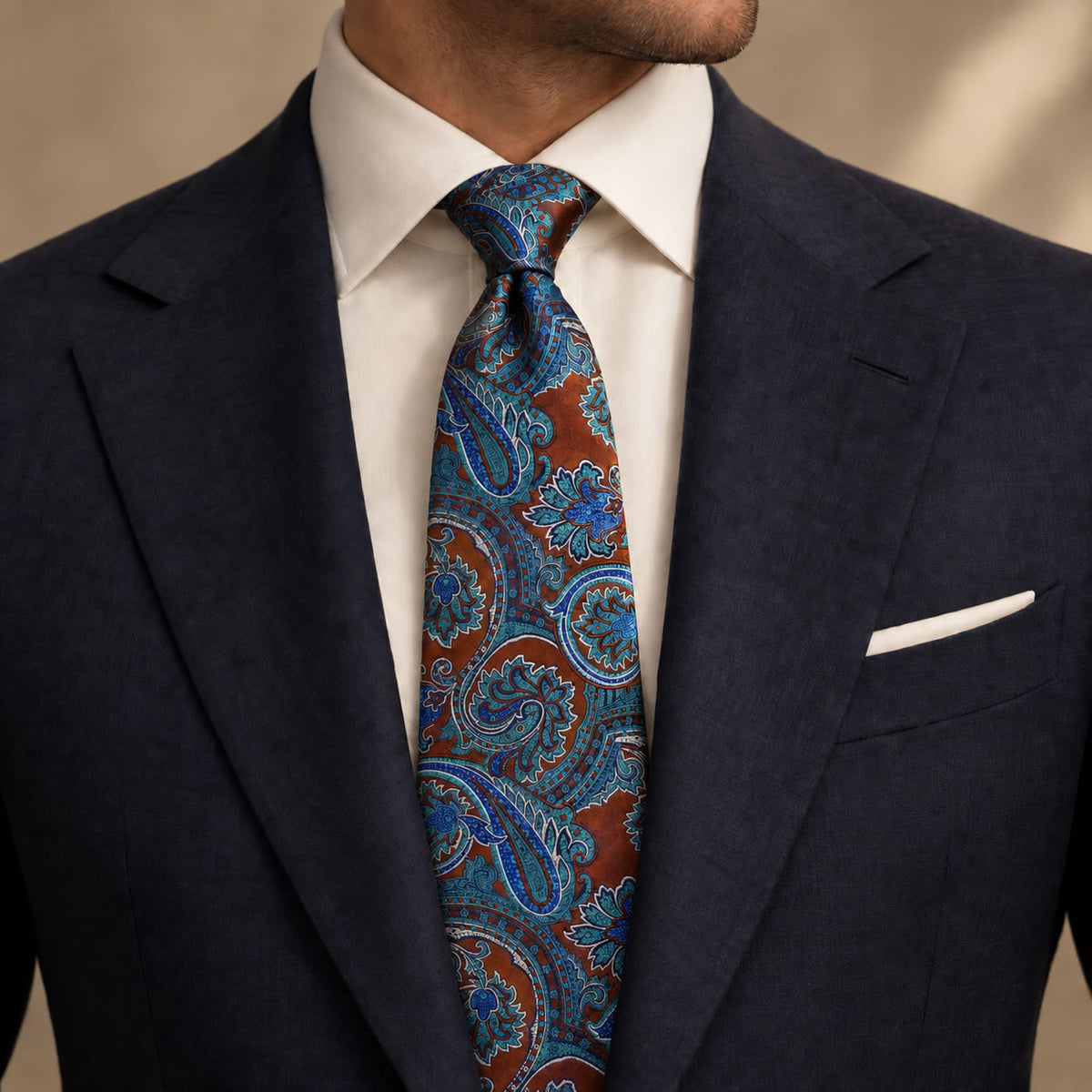 Brown and Blue Floral Silk Tie by George Neale, worn by a model with a suit and shirt
