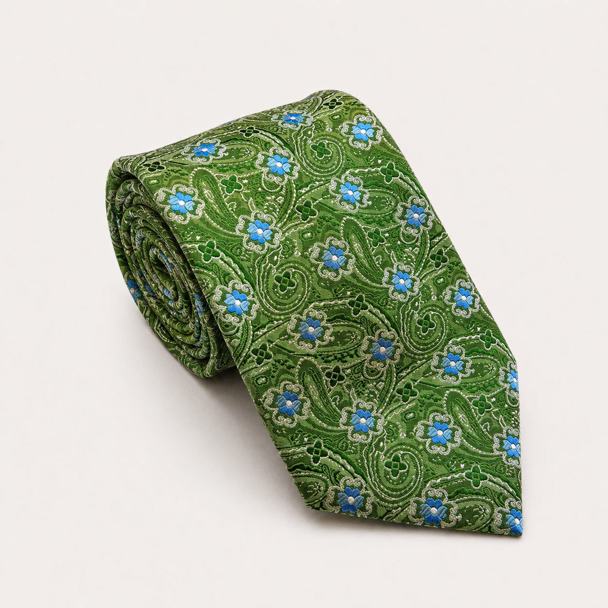 A rolled George Neale green and blue floral silk tie.