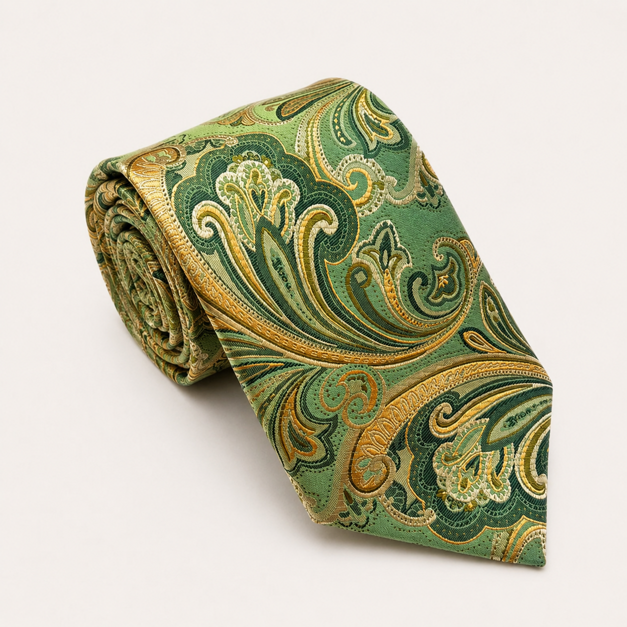 A rolled George Neale green and gold floral silk tie.