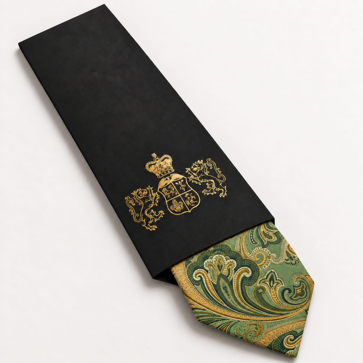 Green and Gold Floral Silk Tie in George Neale premium packaging