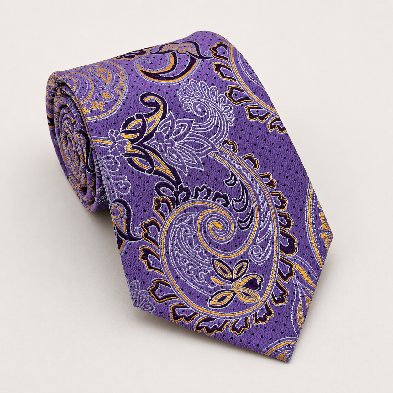 A rolled George Neale purple and gold floral silk tie.