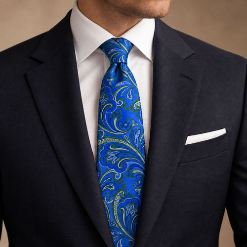 Blue and Green Floral Silk Tie by George Neale, worn by a model with a suit and shirt