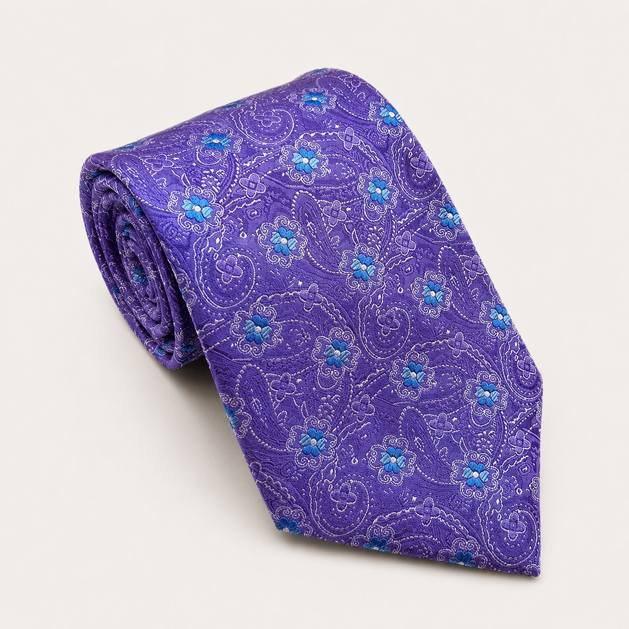 A rolled George Neale purple and blue floral silk tie.