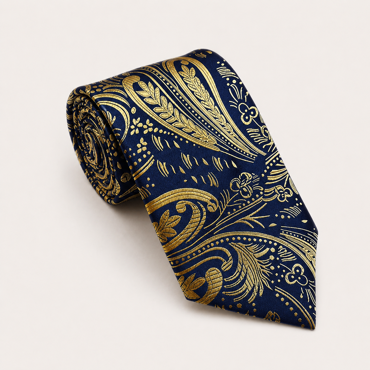 A rolled George Neale navy and gold floral silk tie.