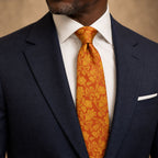 Orange and Gold Floral Silk Tie by George Neale, worn by a model with a suit and shirt
