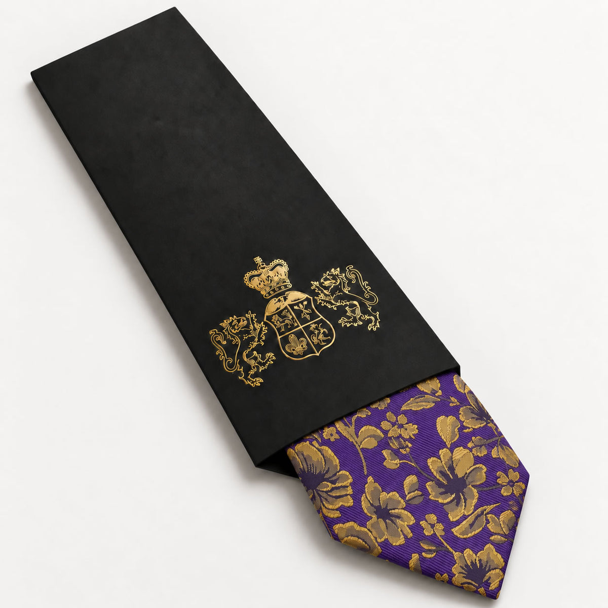 Purple and Gold Floral Silk Tie in George Neale premium packaging
