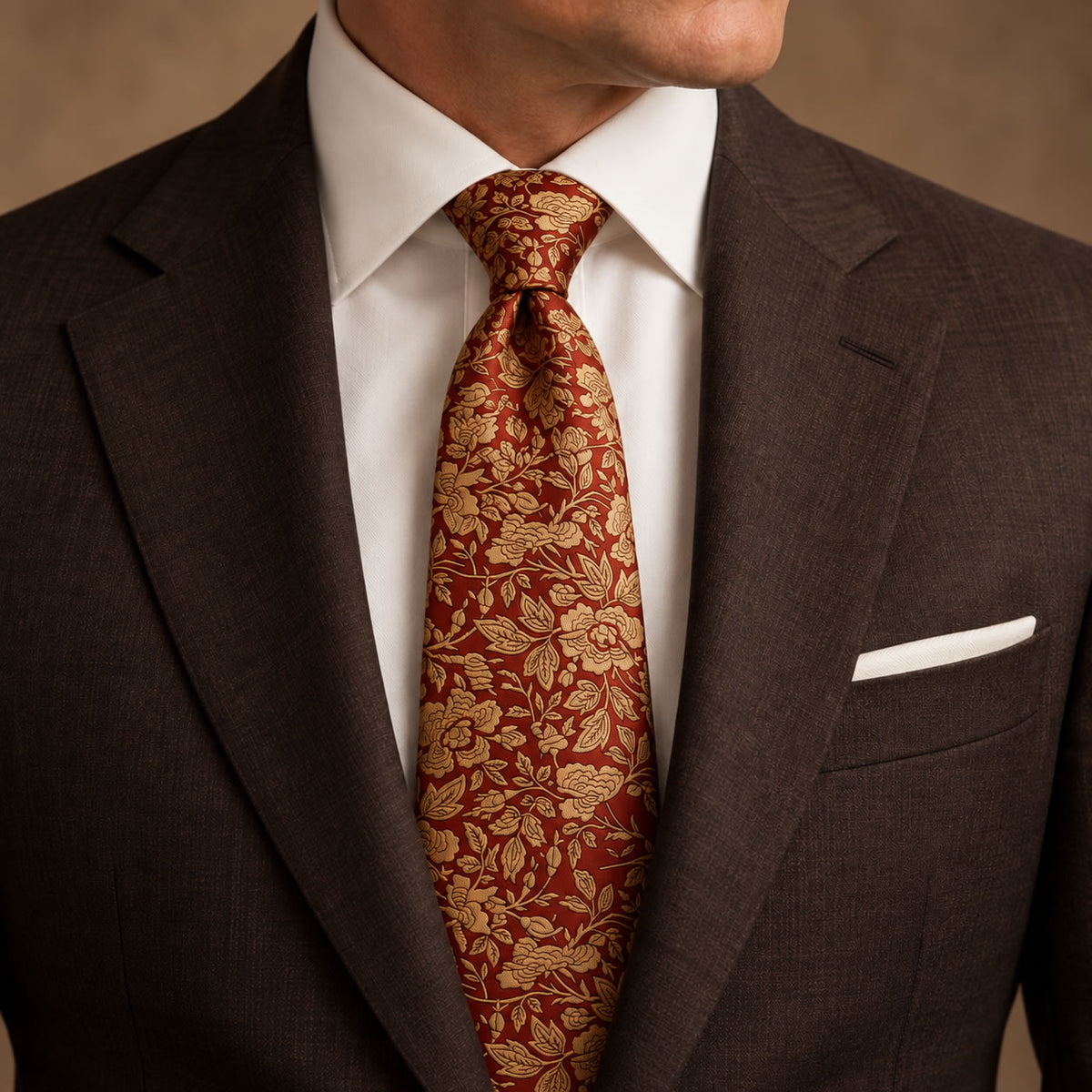 Burgundy and Gold Floral Silk Tie by George Neale, worn by a model with a suit and shirt
