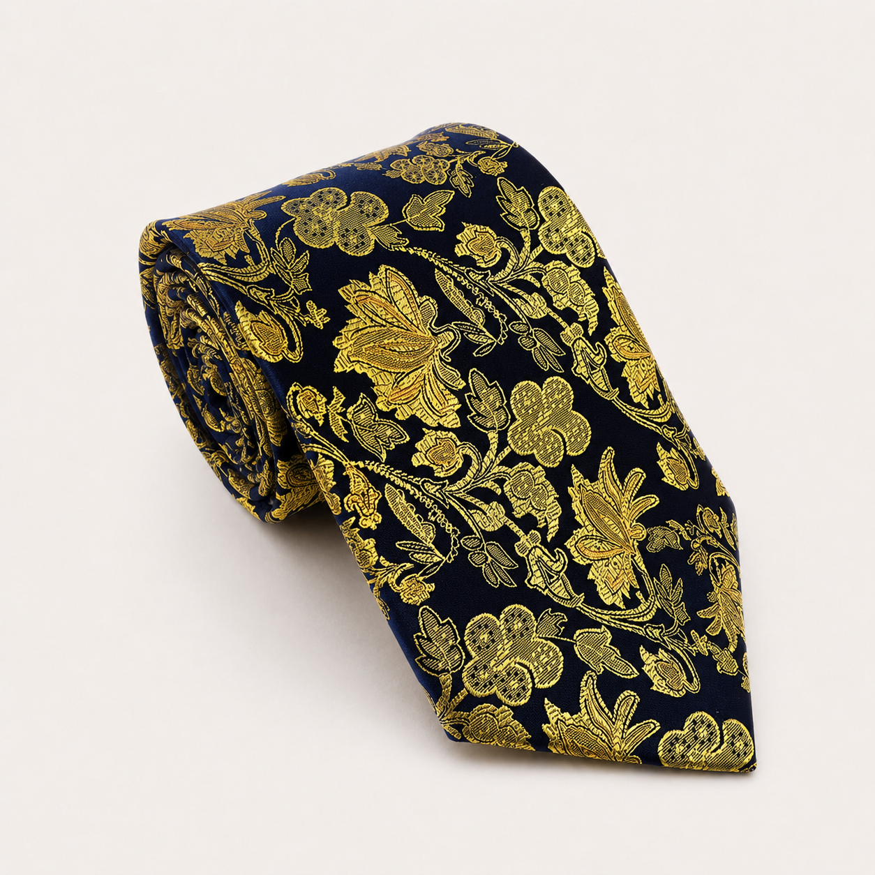A rolled George Neale navy and gold floral silk tie.
