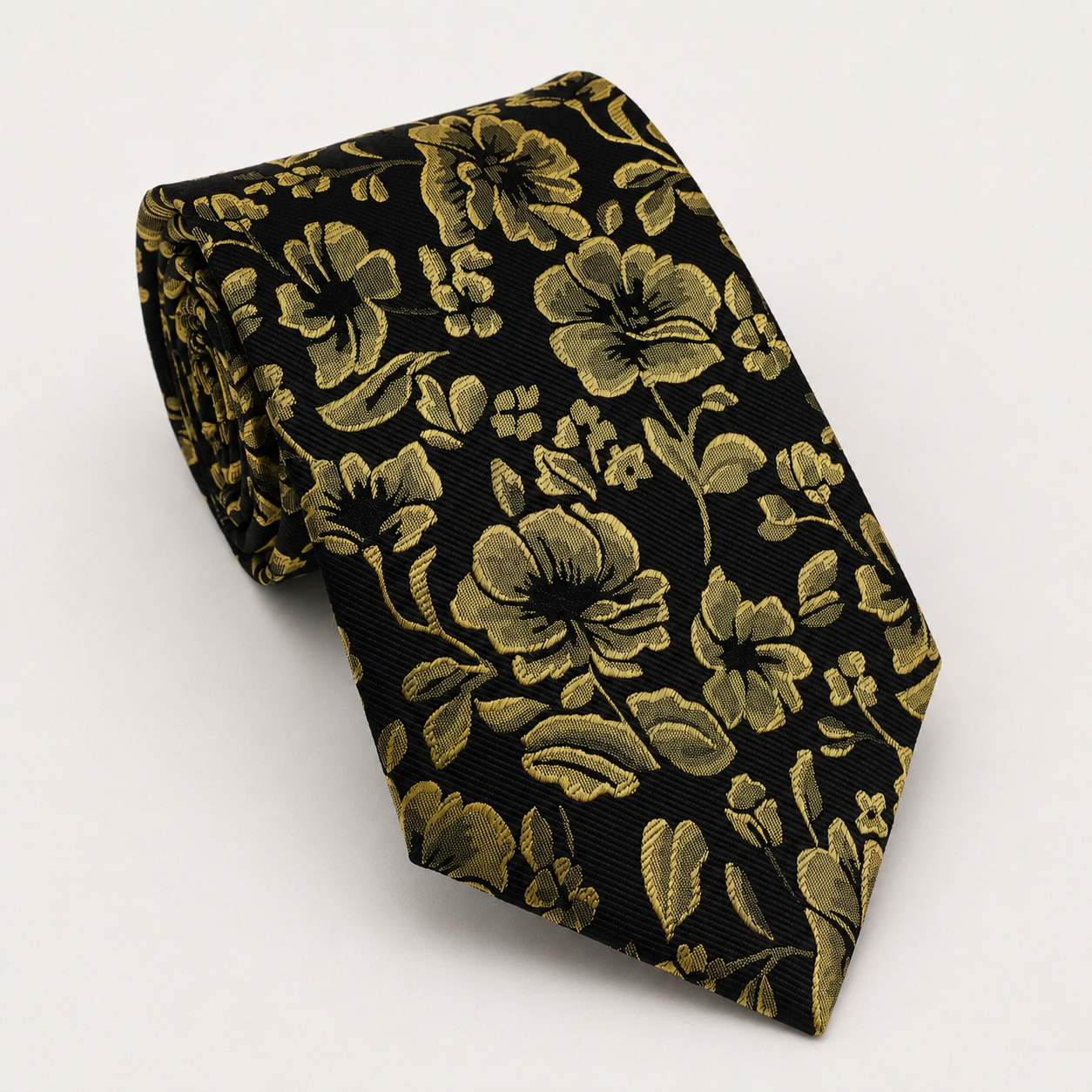 A rolled George Neale black and gold floral silk tie.