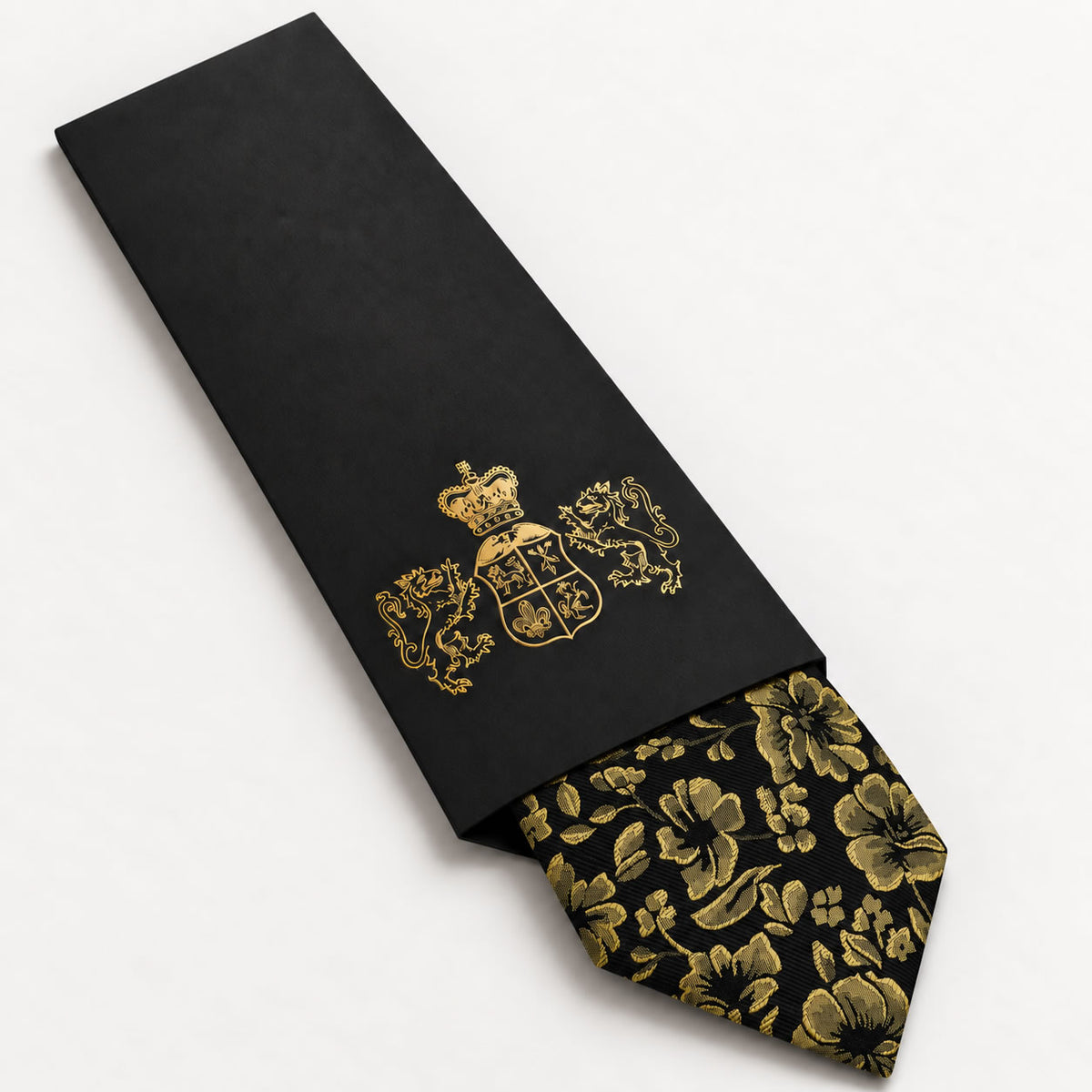 Black and Gold Floral Silk Tie in George Neale premium packaging