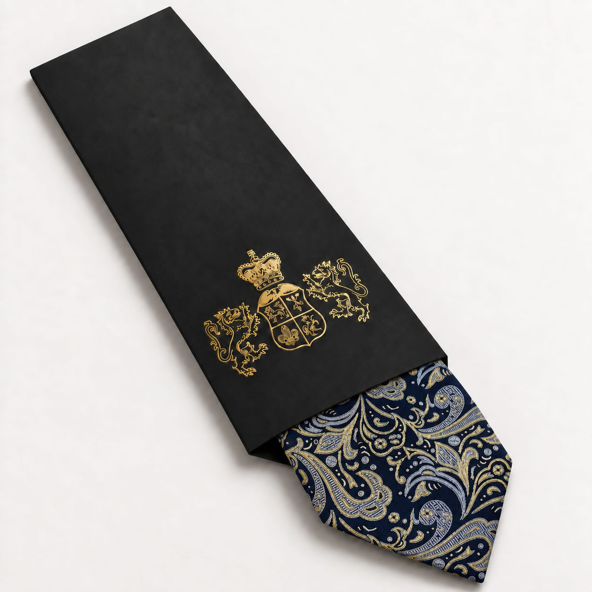Navy and Champagne Floral Silk Tie in George Neale premium packaging