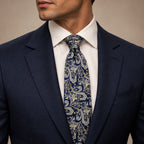 Navy and Champagne Floral Silk Tie by George Neale, worn by a model with a suit and shirt