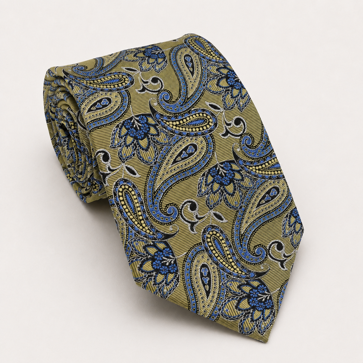 A rolled George Neale gold and blue floral silk tie.
