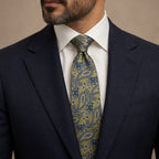 Gold and Blue Floral Silk Tie by George Neale, worn by a model with a suit and shirt