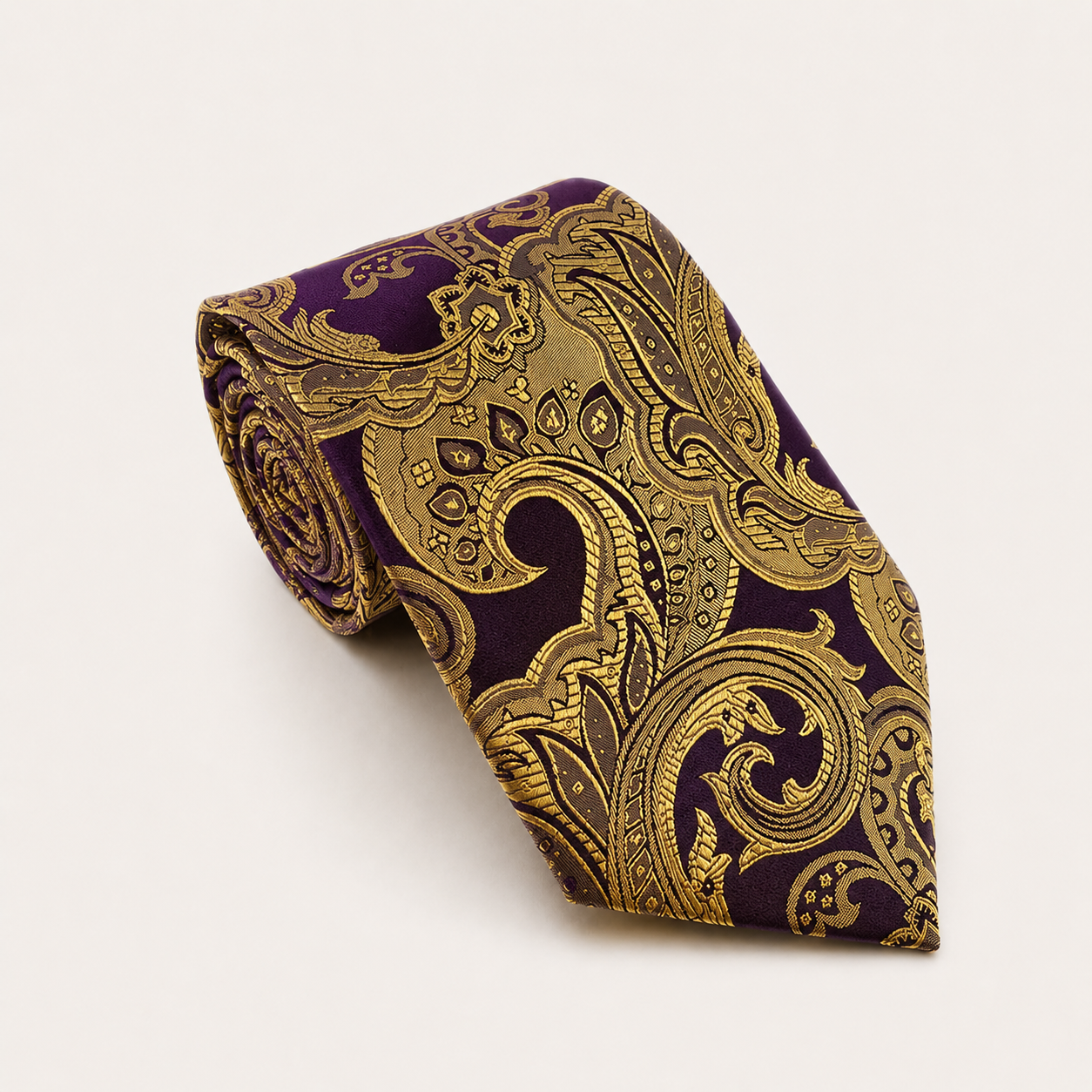 A rolled George Neale gold and purple floral silk tie.