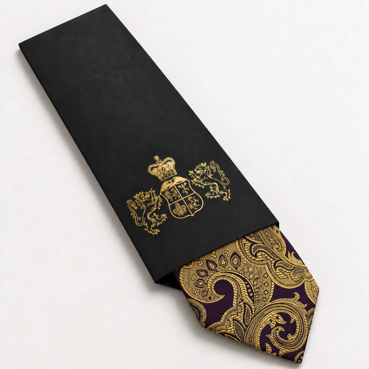 Gold and Purple Floral Silk Tie in George Neale premium packaging