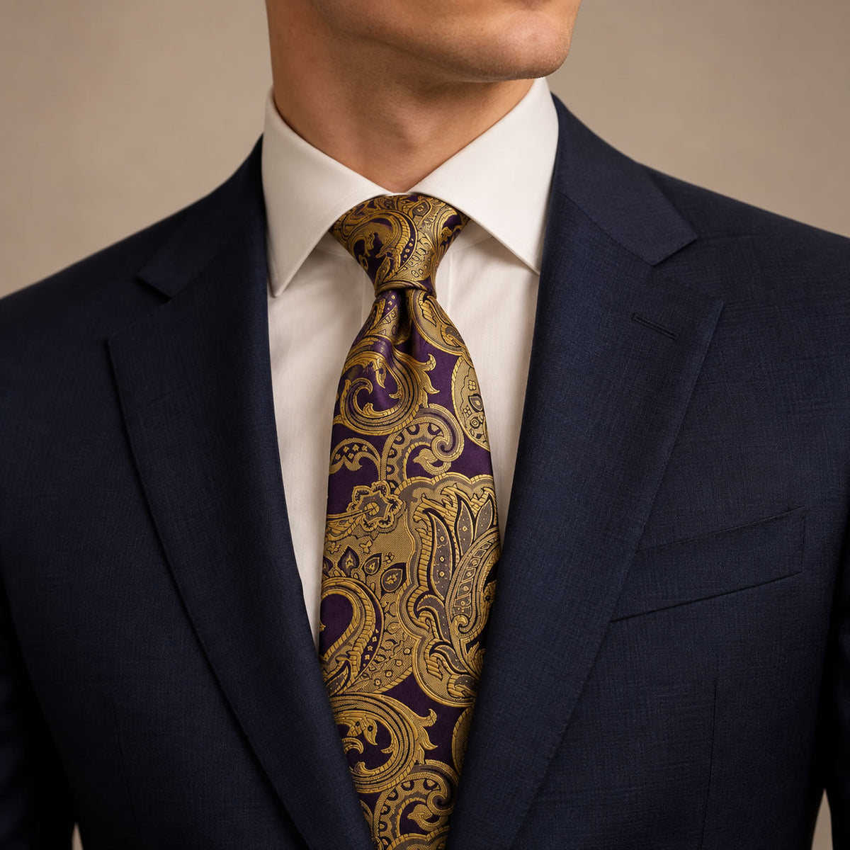 Gold and Purple Floral Silk Tie by George Neale, worn by a model with a suit and shirt