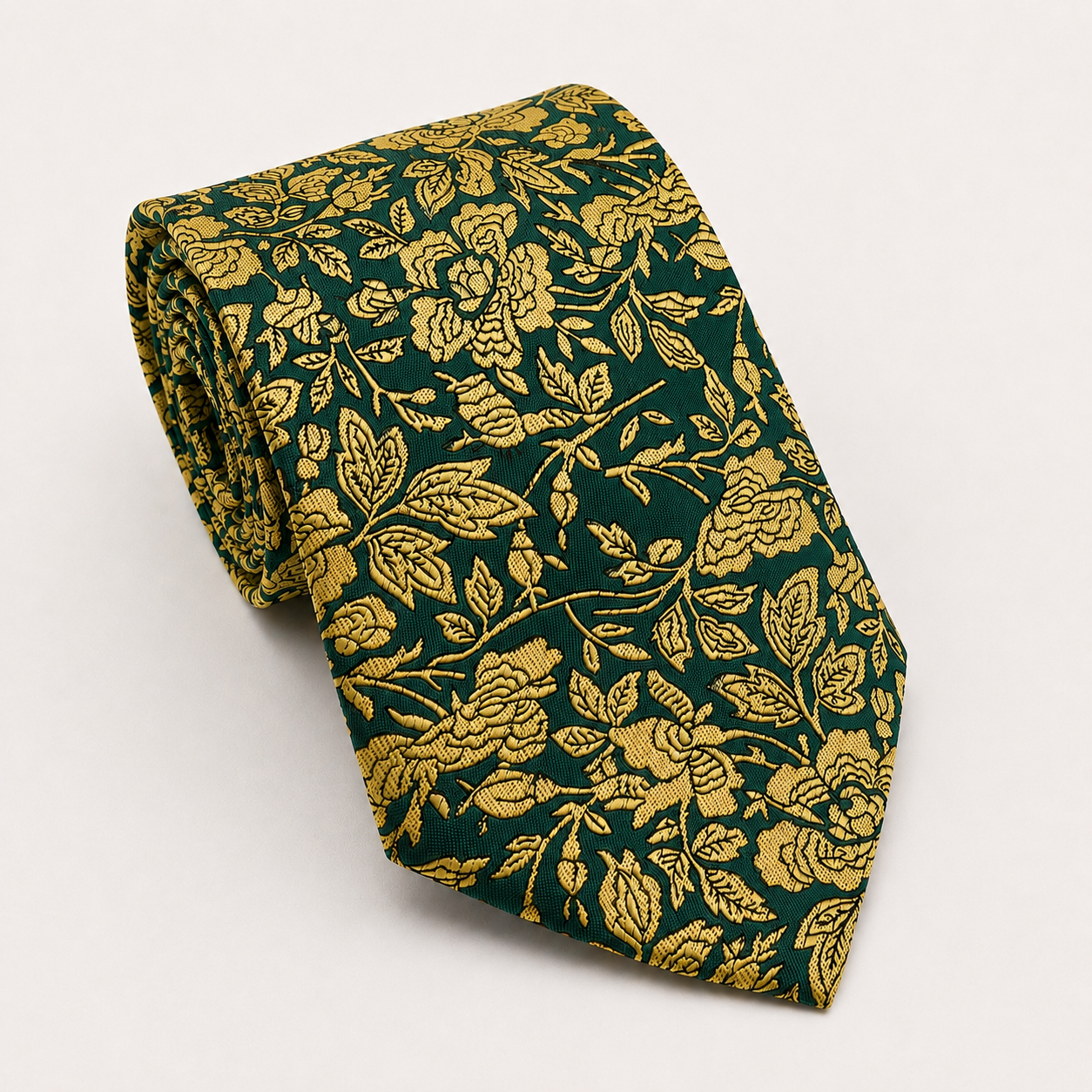 A rolled George Neale green and gold floral silk tie.