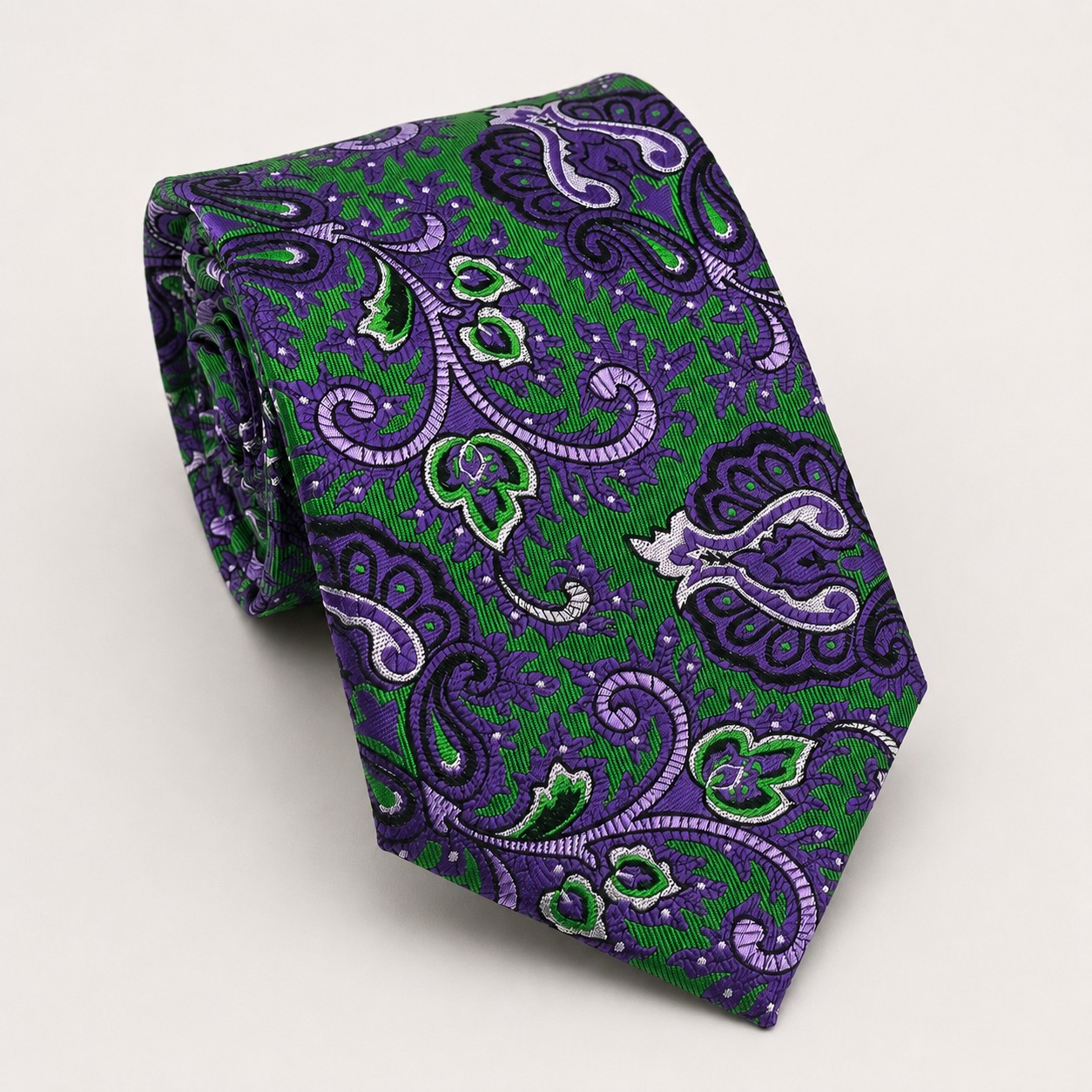 A rolled George Neale green and purple floral silk tie.