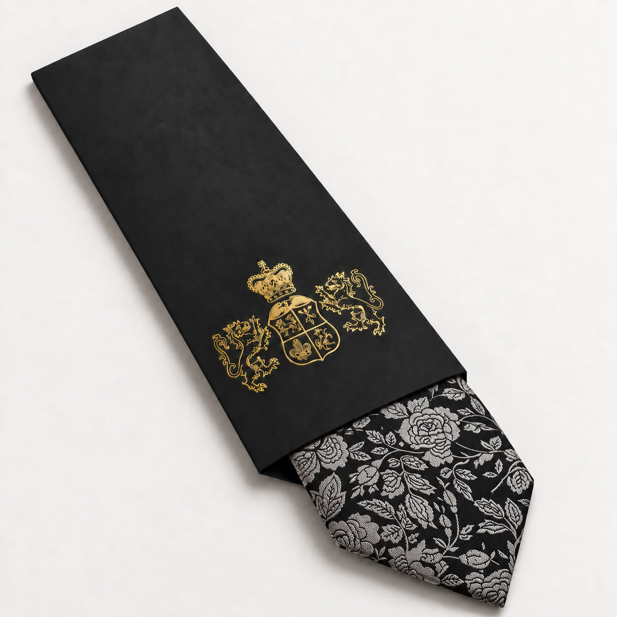 Black and Silver Floral Silk Tie in George Neale premium packaging