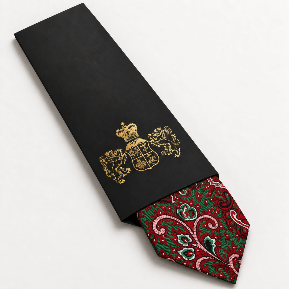Green and Crimson Floral Silk Tie in George Neale premium packaging