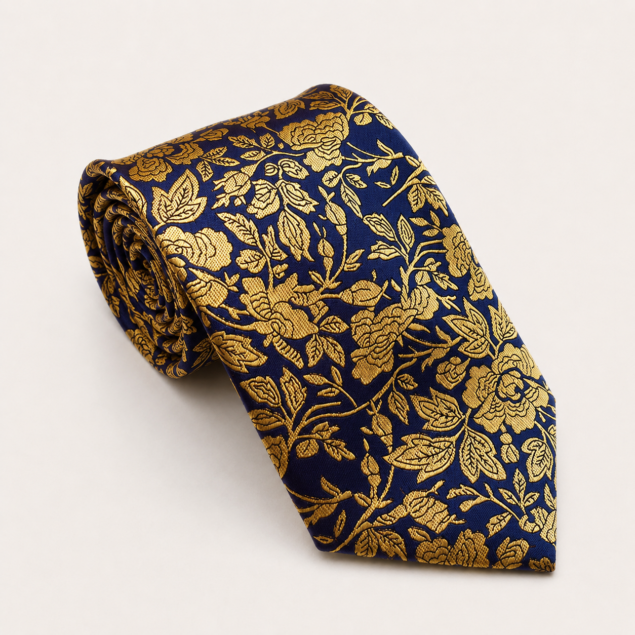 A rolled George Neale navy and gold floral silk tie.
