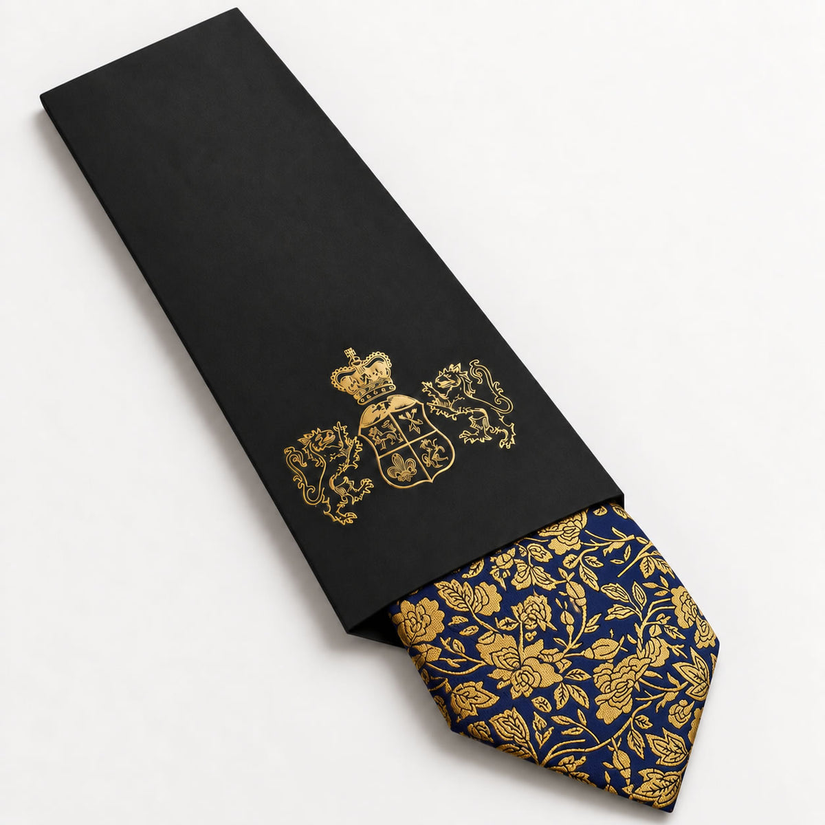 Navy and Gold Floral Silk Tie in George Neale premium packaging